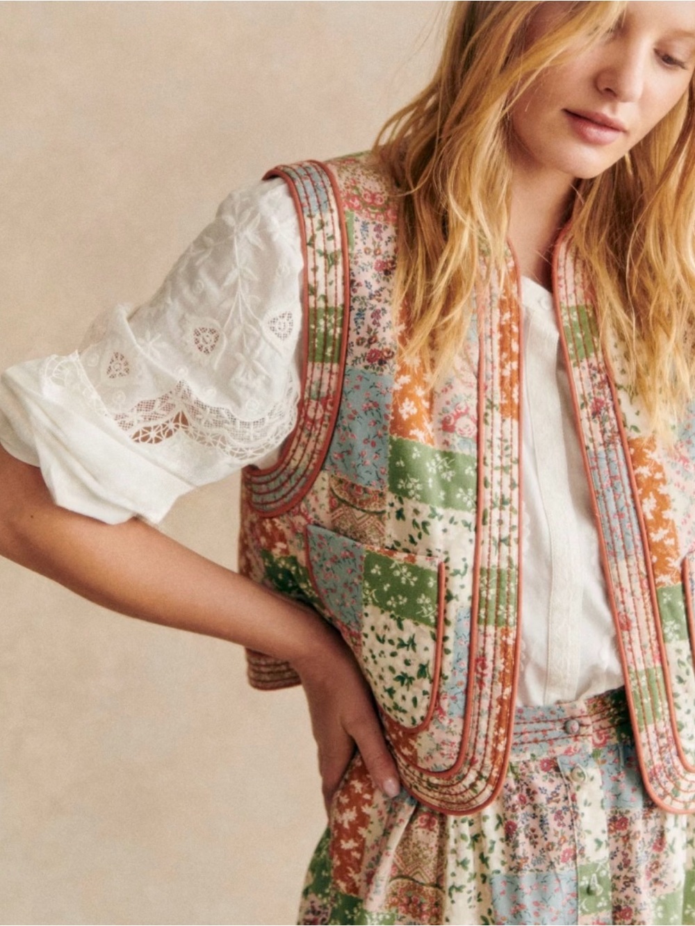 Sézane Tadeo Rust Multi Patchwork Quilted Vest